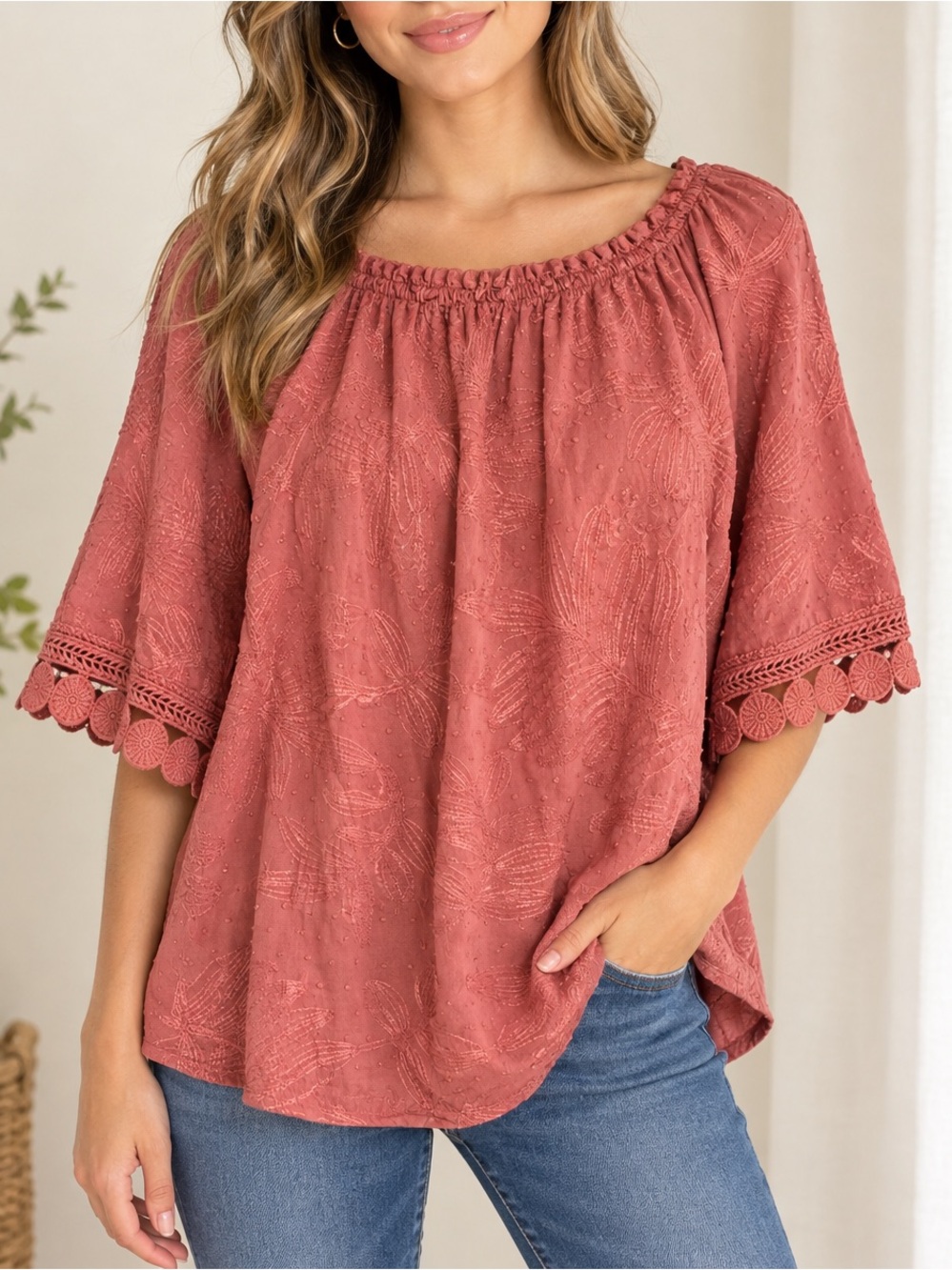 Made in Italy Boho Embroidered Tunic Top Dusty Rose Floral Crochet Trim